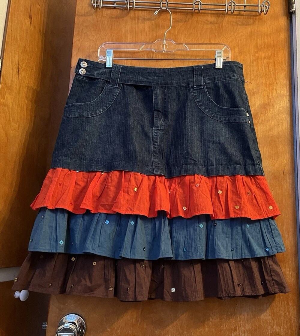 Vintage Y2K Tiered Denim Ruffle Midi Skirt Sequin Fairy Sz 14 L WhimsiGoth Boho